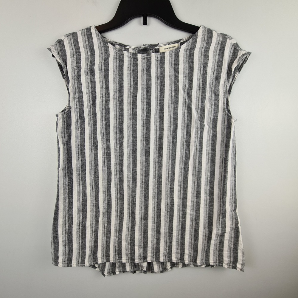 Max Studio Women Gray White Striped Linen Cotton Cap Sleeve Button Back Top S